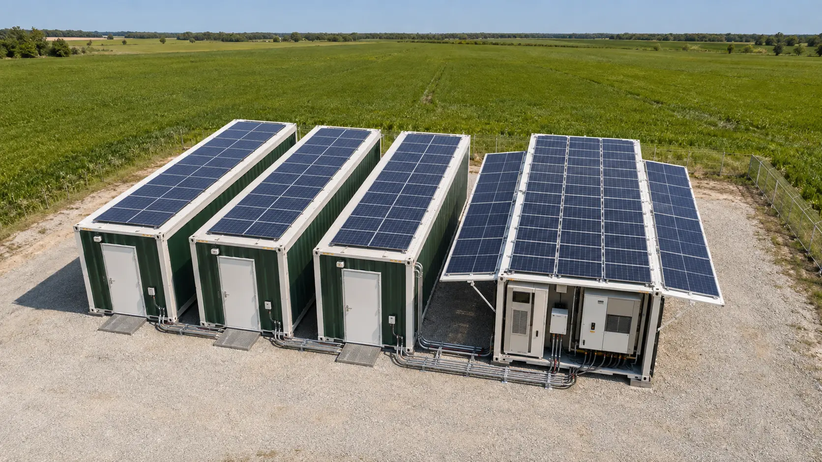 Connected Varmers container farms with roof-mounted solar panels in an open field