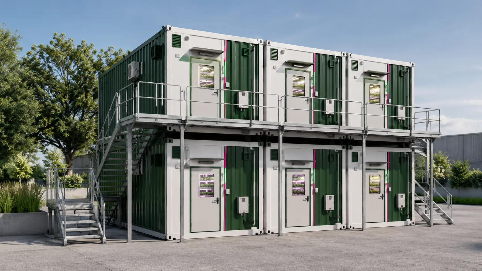 Stacked Varmers container farms with an individual door for each farm